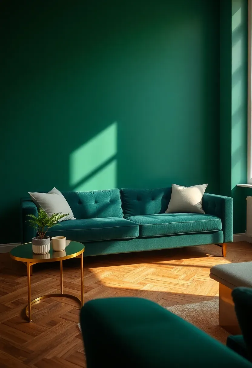 Living room with a rich deep emerald green accent wall behind a velvet sofa with brass accents and warm wood flooring