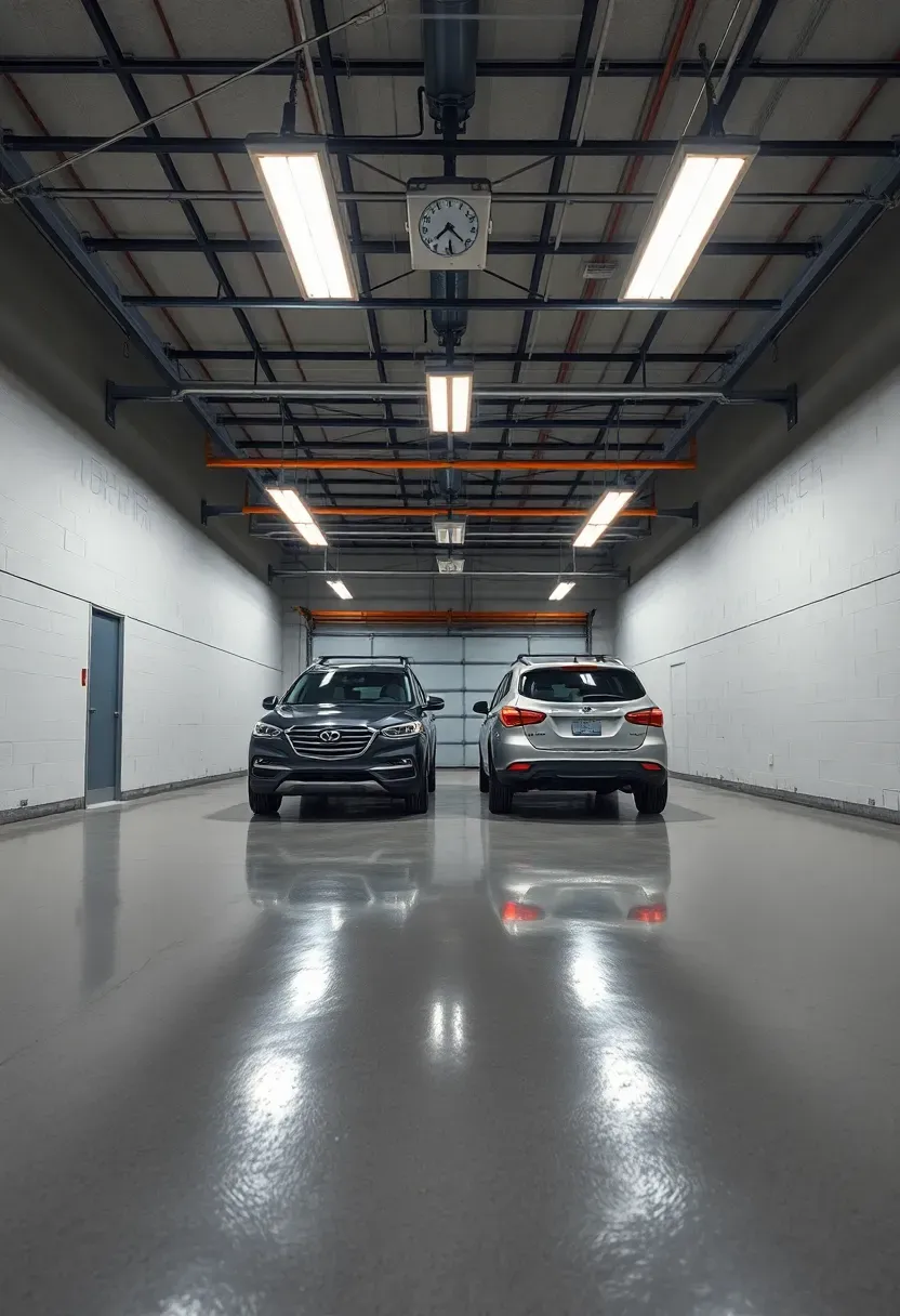 Tandem three-car deep bay attached garage with cars parked front-to-back and overhead storage racks