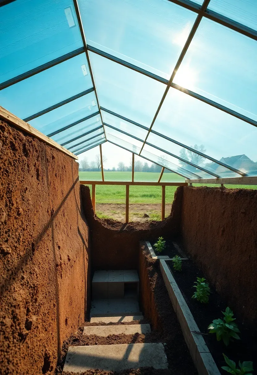 A sunken walipini greenhouse dug into the earth with only the angled glass roof visible above ground level in a rural backyard