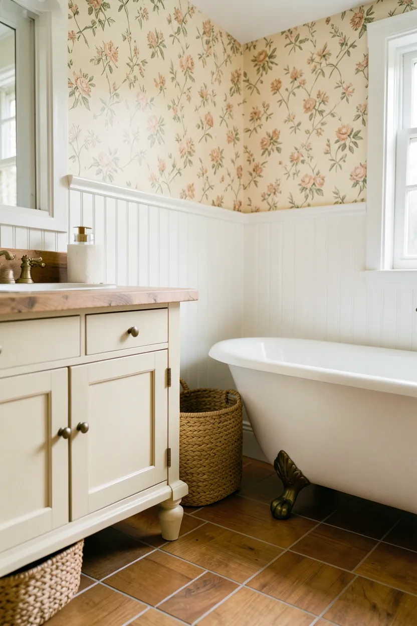 Cozy cottage Bloxburg bathroom with cream cabinetry, clawfoot tub, beadboard wainscoting, and oil-rubbed bronze fixtures