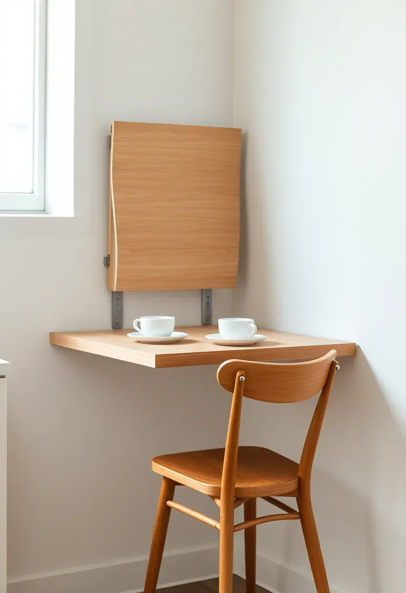 wall-mounted fold-down dining table for two in a small apartment kitchen