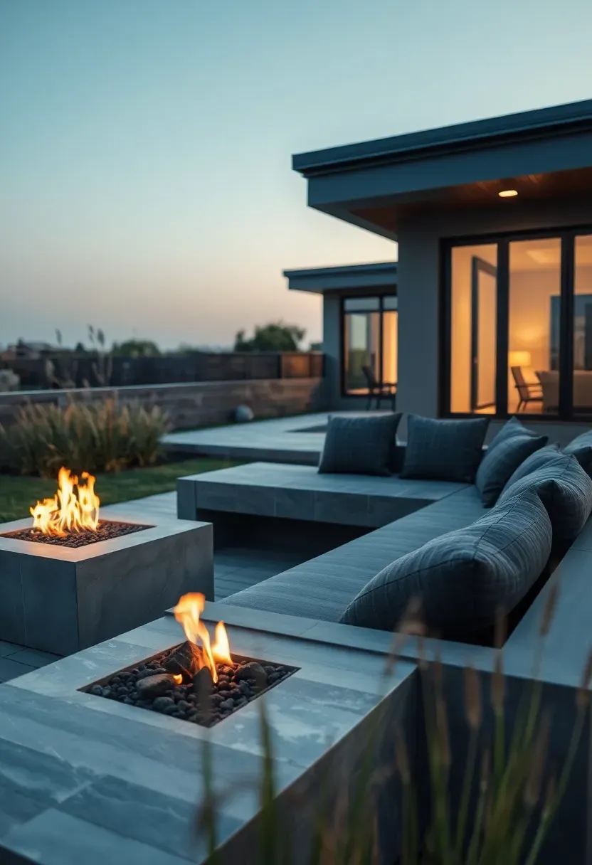 Hyper-realistic 3/4 view of a modern backyard firepit area showing a rectangular concrete gas firepit with gentle flames, adjacent to an L-shaped integrated concrete bench with plush outdoor cushions. Materials: smooth gray concrete, charcoal outdoor cushions with subtle texture, black lava rock in firepit base, composite decking surface. Early evening ambient lighting with soft twilight blue sky and warm fire glow, creating sophisticated modern atmosphere. Minimalist landscape design with ornamental grasses visible in background. Clean architectural lines, no visible clutter, contemporary furniture silhouettes. Shallow depth of field emphasizing firepit details foreground with bench seating mid-ground and modern home exterior beyond. No text, no logos, no watermarks.</p>