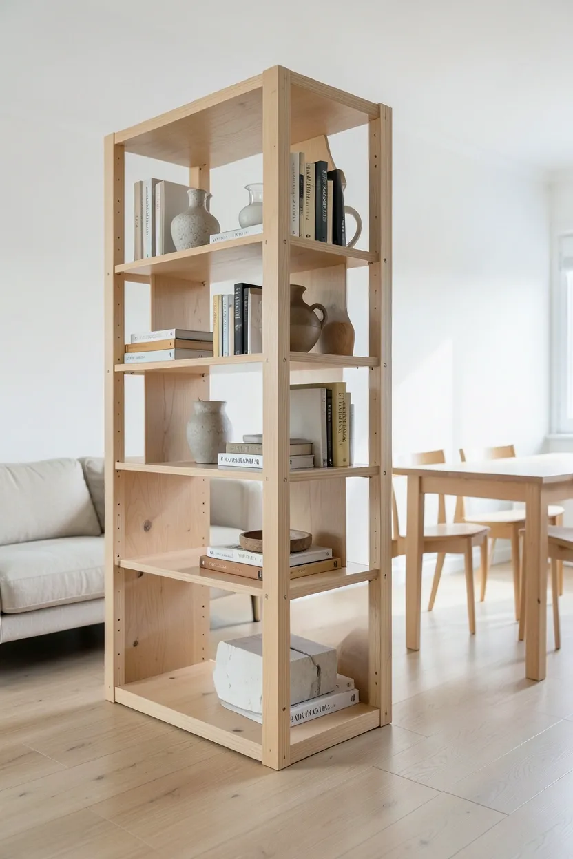 Open light wood shelving unit used as a room divider separating living and dining zones in a small Scandinavian apartment