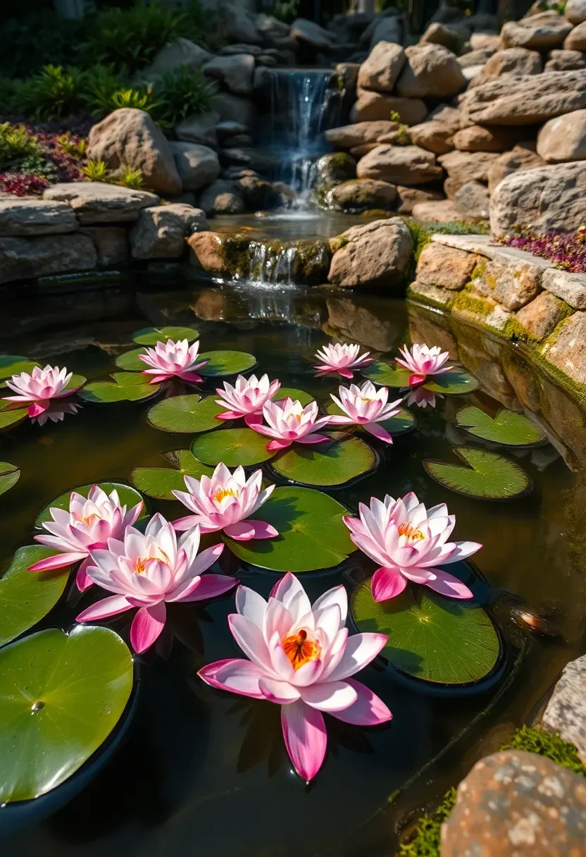 Backyard garden pond with blooming pink water lilies, a small waterfall feature, and natural stone edging in a serene oasis setting