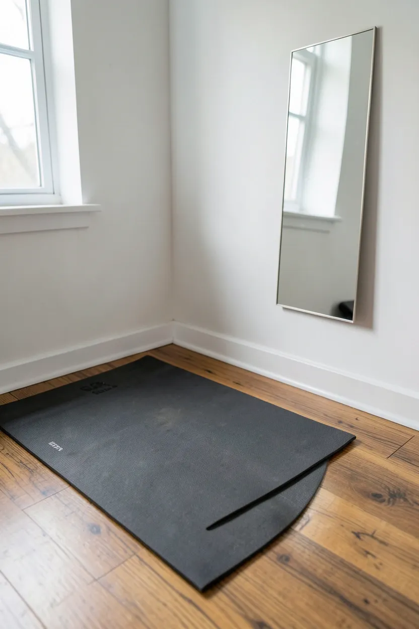 Thick exercise mat unrolled in a small apartment living room corner designated for bodyweight training — minimal equipment home gym