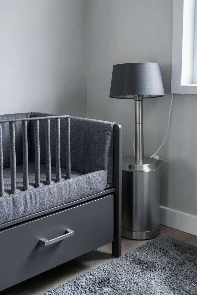 Nursery corner with vintage-inspired unlacquered brass lamp, drawer pulls, and picture frames adding warm character to a master bedroom
