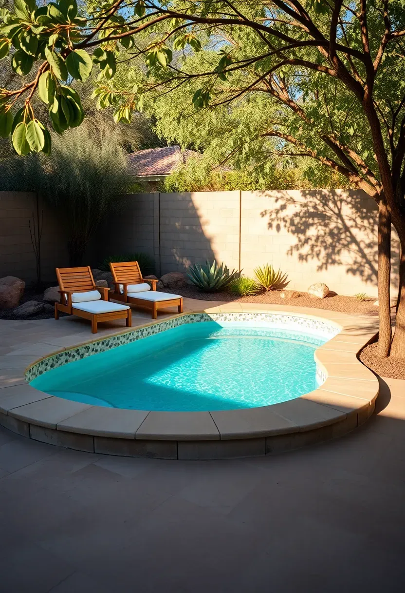 Small turquoise plunge pool surrounded by desert landscaping with palo verde trees, sandstone coping, and lounge chairs in a Phoenix backyard