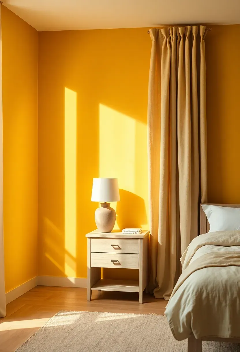 bright bedroom painted in wheatfield gold with linen drapes and natural wood nightstand
