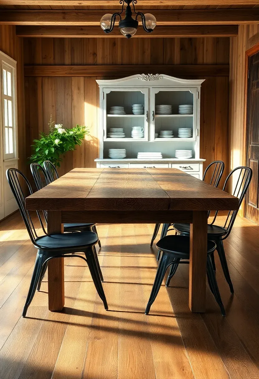 Farmhouse dining room blending antique oak table with modern metal chairs and vintage hutch