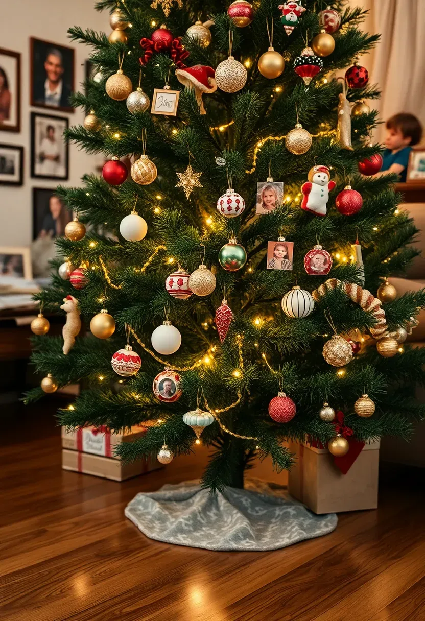 Hyper-realistic 3/4 view of a green Christmas tree decorated with an eclectic collection of meaningful ornaments: vintage glass from grandmother, children's handmade crafts, vacation souvenirs, baby's first Christmas, wedding commemoratives in varied styles and eras. Materials: realistic green pine branches, mix of vintage mercury glass, child-made ornaments with visible glue and glitter, photo ornaments, souvenir magnets, fabric crafts, warm white lights. Warm family room lighting (2700K), creating cozy shadows on wood floor. Nostalgic mood, shallow depth of field with varied ornament details sharp, visible room context with family photos and personal items. No text, no logos, no watermarks.</p>