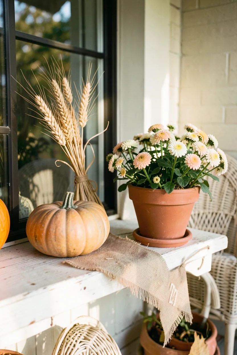 Hyper-realistic eye-level photograph of back porch shelf displaying autumn seasonal decor: small pumpkin, dried wheat sheaf, terracotta pot with mums, small burlap banner, cream wicker furniture in background, warm afternoon autumn light. Natural seasonal light. Materials: pumpkin, dried wheat, mums, burlap, wicker. Seasonal cozy mood. Sharp details on decor textures. No text, no logos, no watermarks.