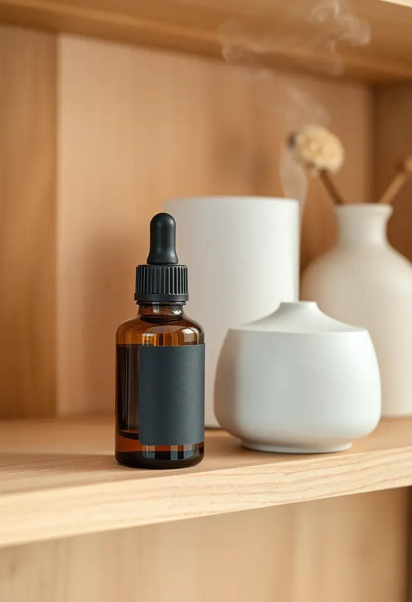 small amber glass bottle of essential oil diffuser blend with a printed label next to a ceramic diffuser on a shelf with baby shower decorations