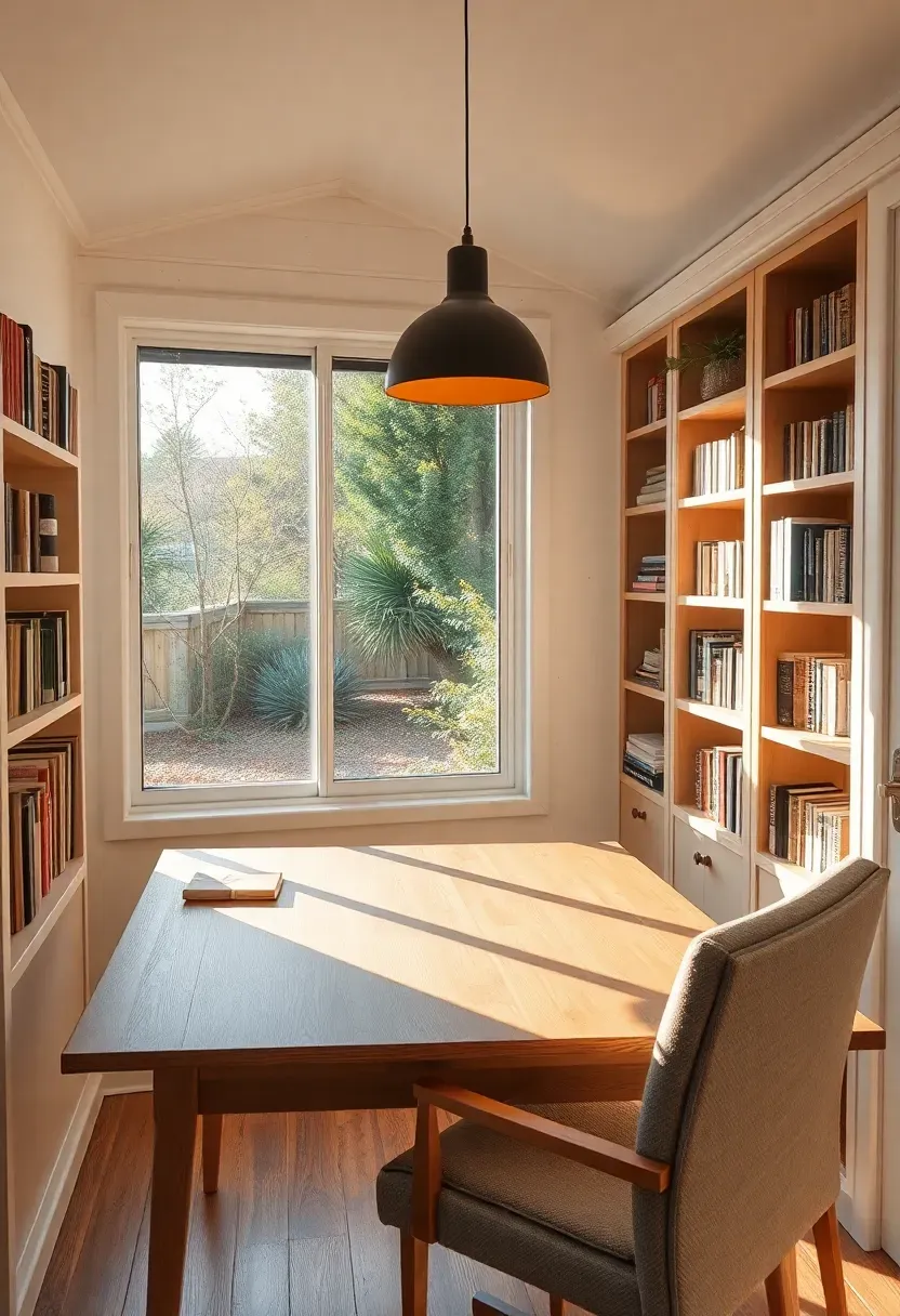 A finished backyard shed office with a desk facing a large window overlooking a garden, built-in bookshelves, and warm pendant lighting