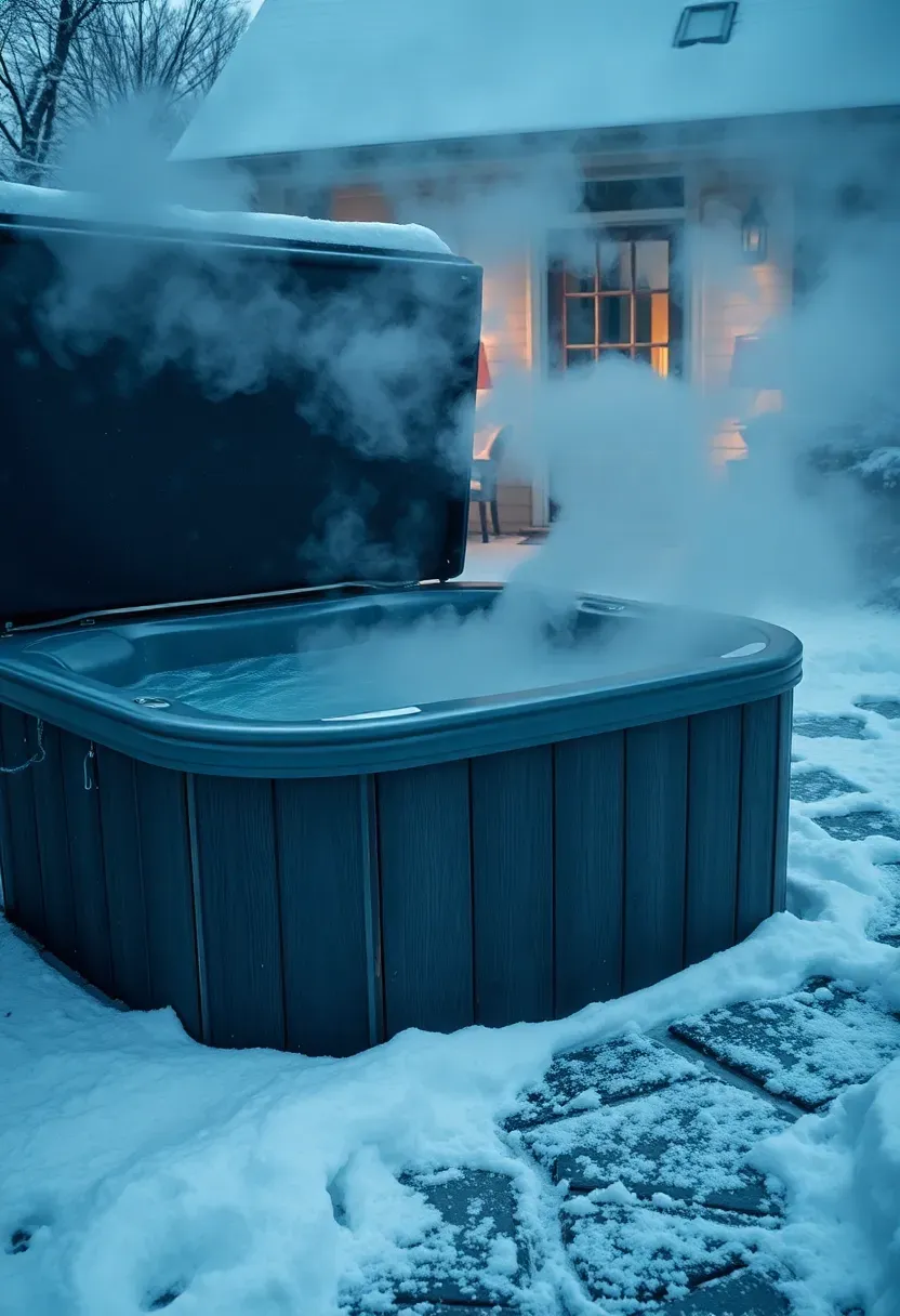 A hot tub surrounded by snow in a cold climate backyard with a well-insulated cover partially open steam rising and a clear path shoveled to the tub