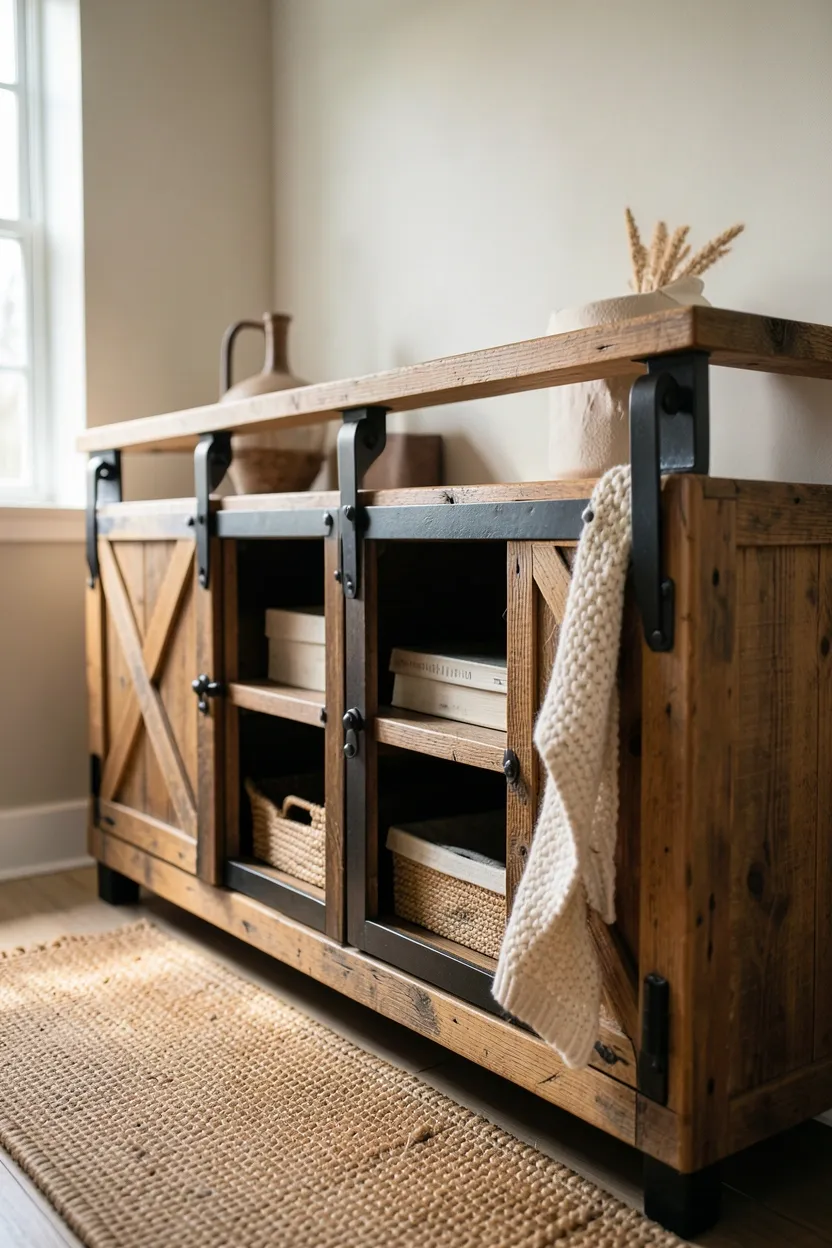 Reclaimed wood media console with sliding barn door hardware and cozy woven textiles in farmhouse living room