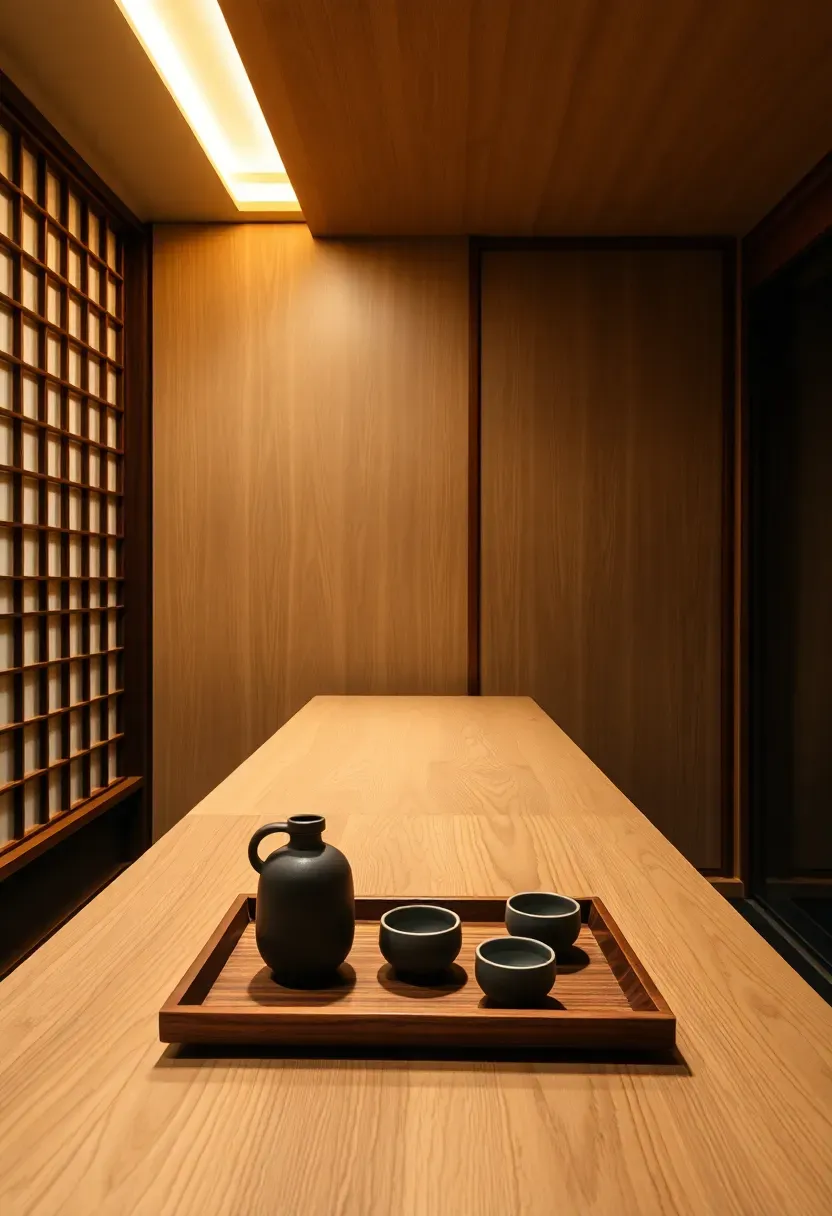 Japanese-inspired basement whisky bar with hinoki cypress counter, shoji screen partition, ceramic sake sets, and warm indirect lighting
