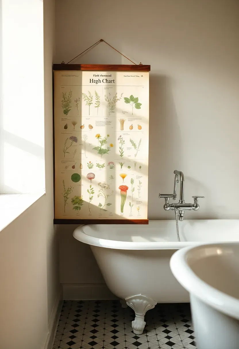 Large vintage botanical educational chart showing detailed herb illustrations with Latin names on aged paper hung on a bathroom wall