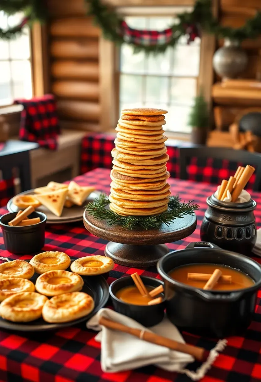 lumberjack plaid baby shower brunch with red flannel decor pancake stack and pine accents