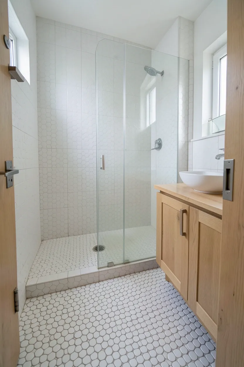 Matte white penny round floor tiles with light grey grout in a compact modern bathroom