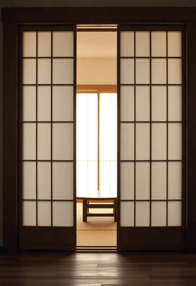 Hyper-realistic straight-on view of shoji screen divider in Japanese tiny house. White washi paper panels in natural cedar grid, sliding on wooden track. Behind shoji: soft glow of tatami room with low table. Materials: natural wood frame, translucent paper creating soft light diffusion, tatami flooring visible through screen. Warm ambient light filtering through paper, creating organic shadows and serene atmosphere. Shallow depth of field showing paper texture and grid details. Visible room context—glimpse of kitchen area beyond. Tranquil Japanese interior mood.</p>