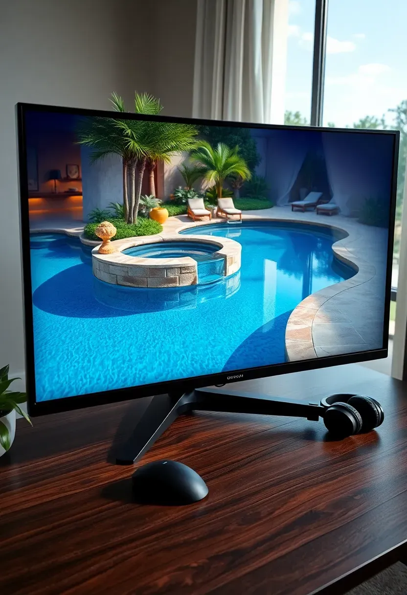 Structure Studios Pool Studio 3D rendering showing a freeform pool with spa, water features, and surrounding stone deck in a backyard setting