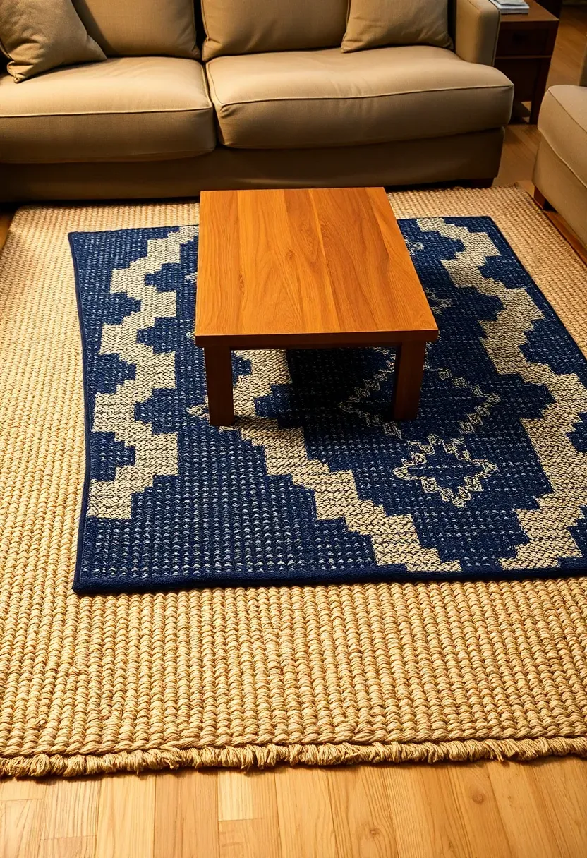 layered area rugs in a basement family room with a large jute rug under a smaller patterned rug