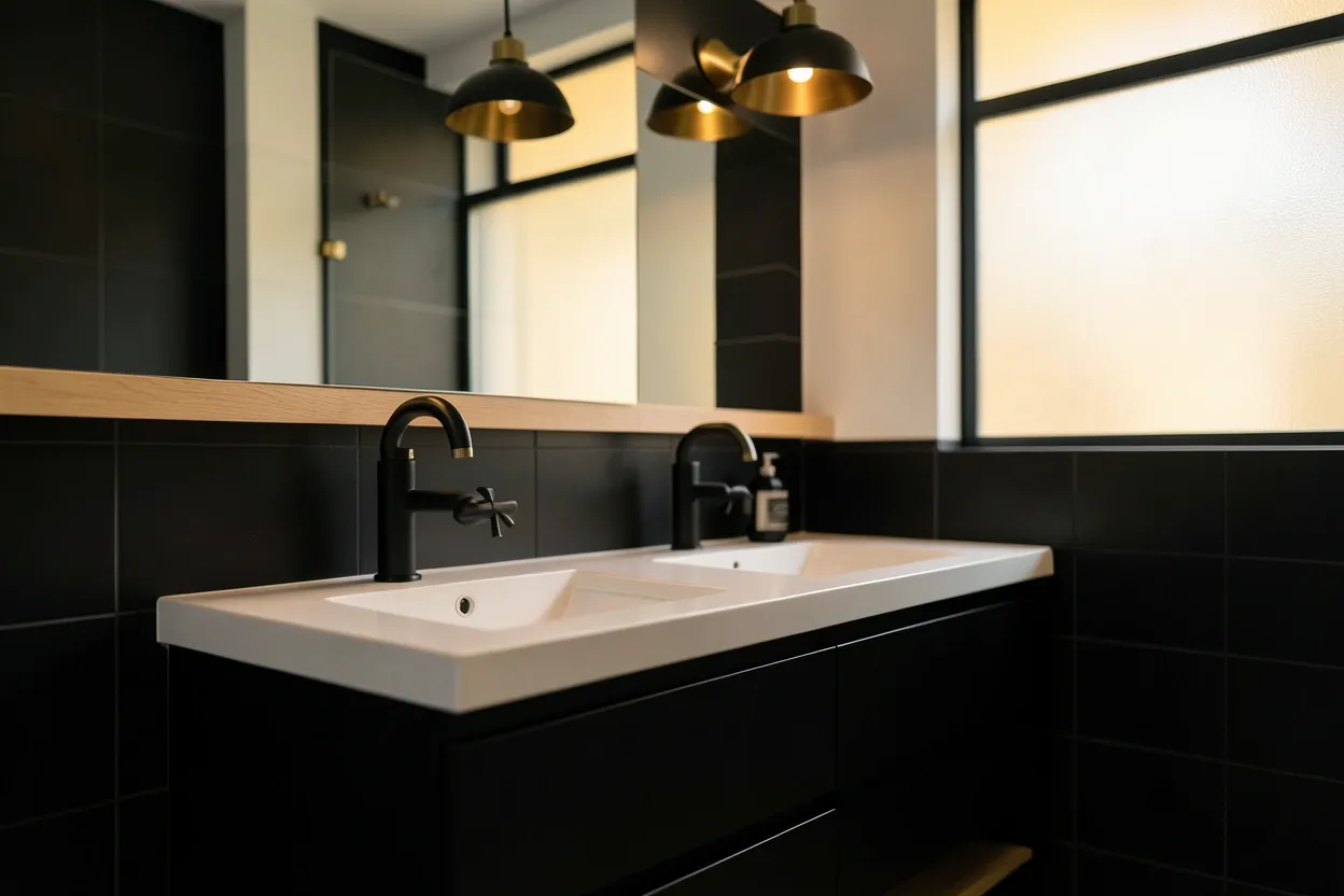 Black bathroom with matte fixtures, black shower curtain, and white tile contrast — budget-friendly rental bathroom transformation