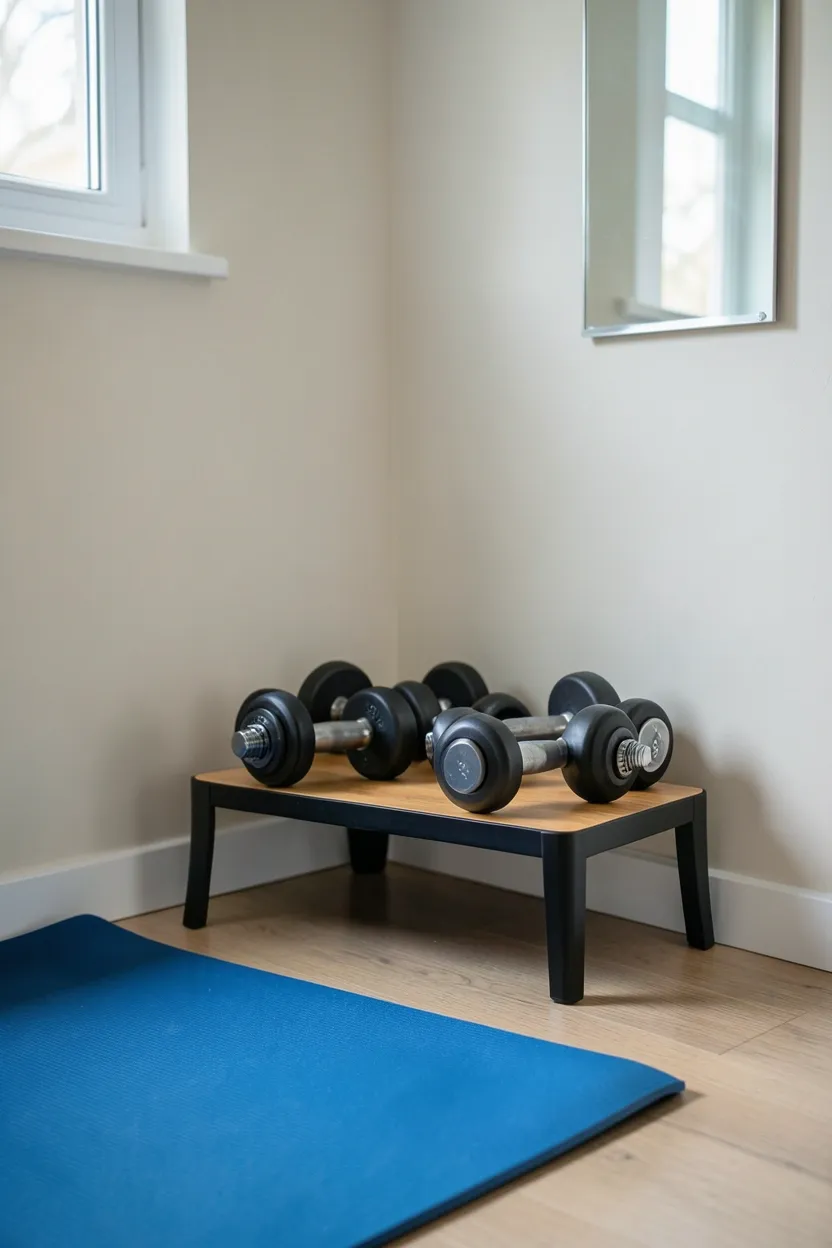 Pair of adjustable dumbbells on a compact tray stand beside a small apartment workout zone — budget-friendly space-saving weight set