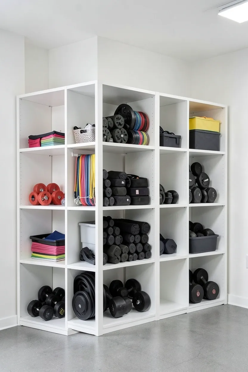 Modular white cube shelving unit with labeled bins holding gym accessories and weight plates in a small workout room