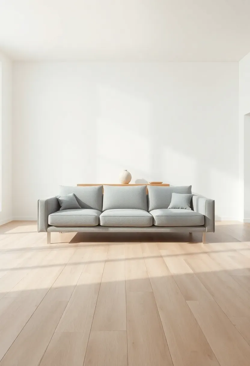 Hyper-realistic slightly elevated 3/4 view of spacious minimalist living room with light gray sofa floating in center not against walls, open space behind sofa, simple console table behind with single ceramic vase, white oak flooring, white walls. Materials: smooth gray fabric, light oak wood, matte white ceramic, white plaster walls. Bright abundant natural light (5500K), soft shadows, expansive airy atmosphere. Dynamic minimalist mood, shallow depth of field, sharp sofa details, visible negative space, intentional arrangement, no clutter, no text, no logos.</p>