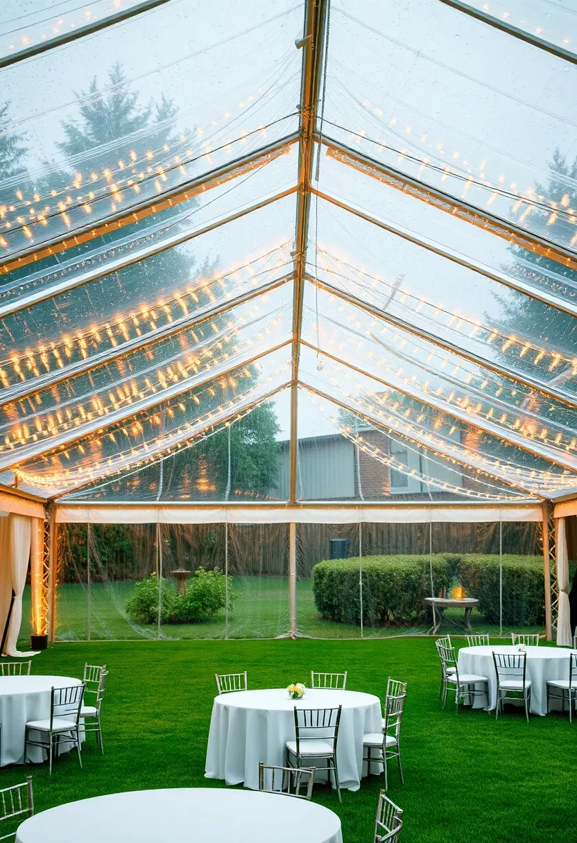 A clear-span tent with transparent roof panels set up over a backyard wedding reception during a light rain with warm string lights glowing inside