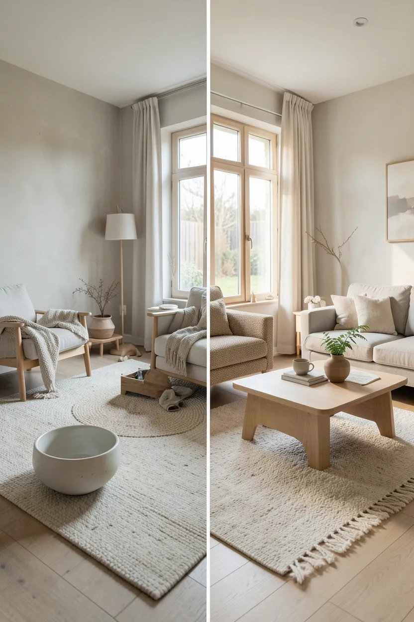 Hyper-realistic view of Japandi transformation showing gradual changes. Half of room shows before state with cluttered surfaces, mismatched furniture, synthetic materials. Other half shows after state with decluttered surfaces, cohesive Japandi furniture, natural materials. Visible progression: replaced plastic bowl with ceramic, added wool rug, introduced low coffee table, cleared clutter. Materials: light oak, ceramic, wool, linen. Soft natural light illuminating both states. Transformation mood showing achievable progress through intentional changes, encouraging realistic approach to adopting Japandi principles.</p>