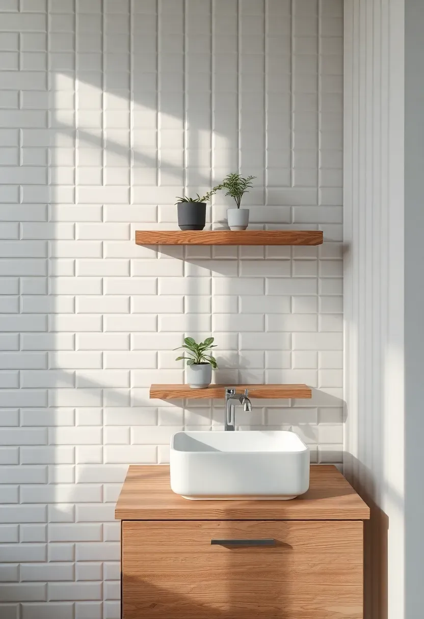 Bathroom wall with white subway tiles stacked vertically in a modern linear pattern, floating wooden shelf with plants, and a rectangular vessel sink