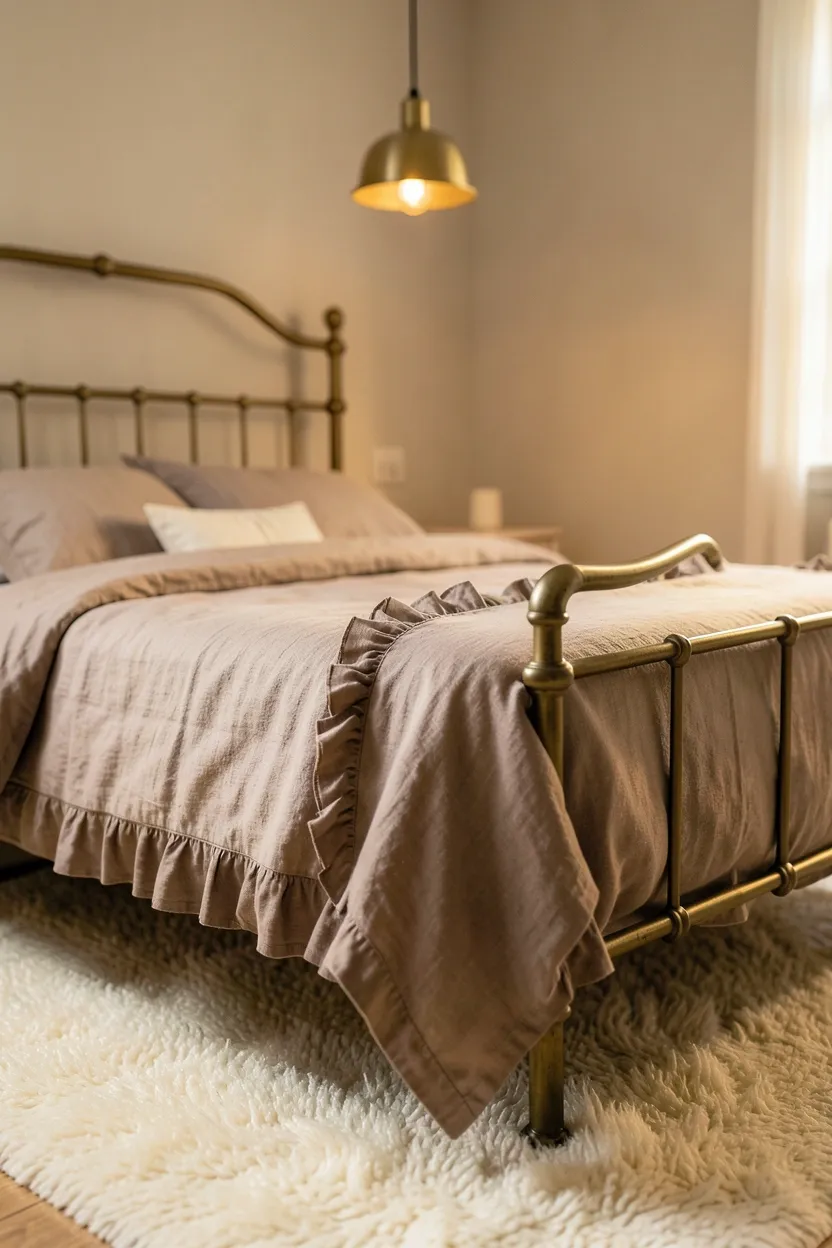 Romantic Taupe Linen Slipcover Bed with Antique Brass