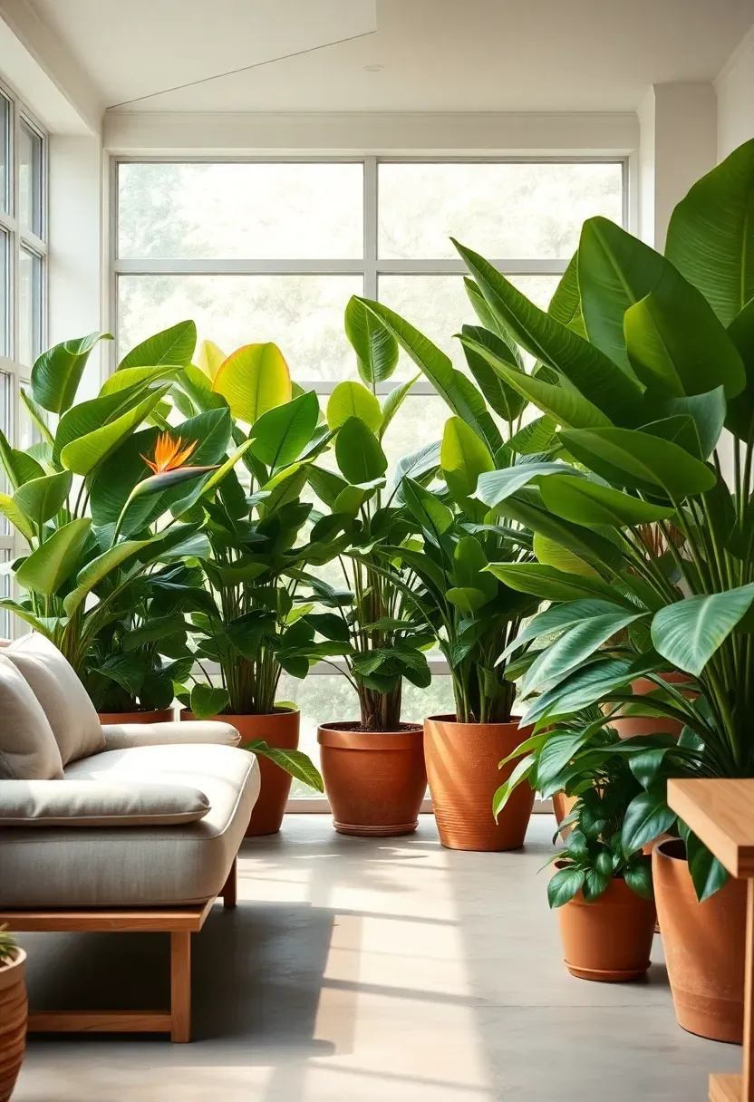 Tall potted plants arranged as a natural room divider on a back porch sun room with seating on both sides