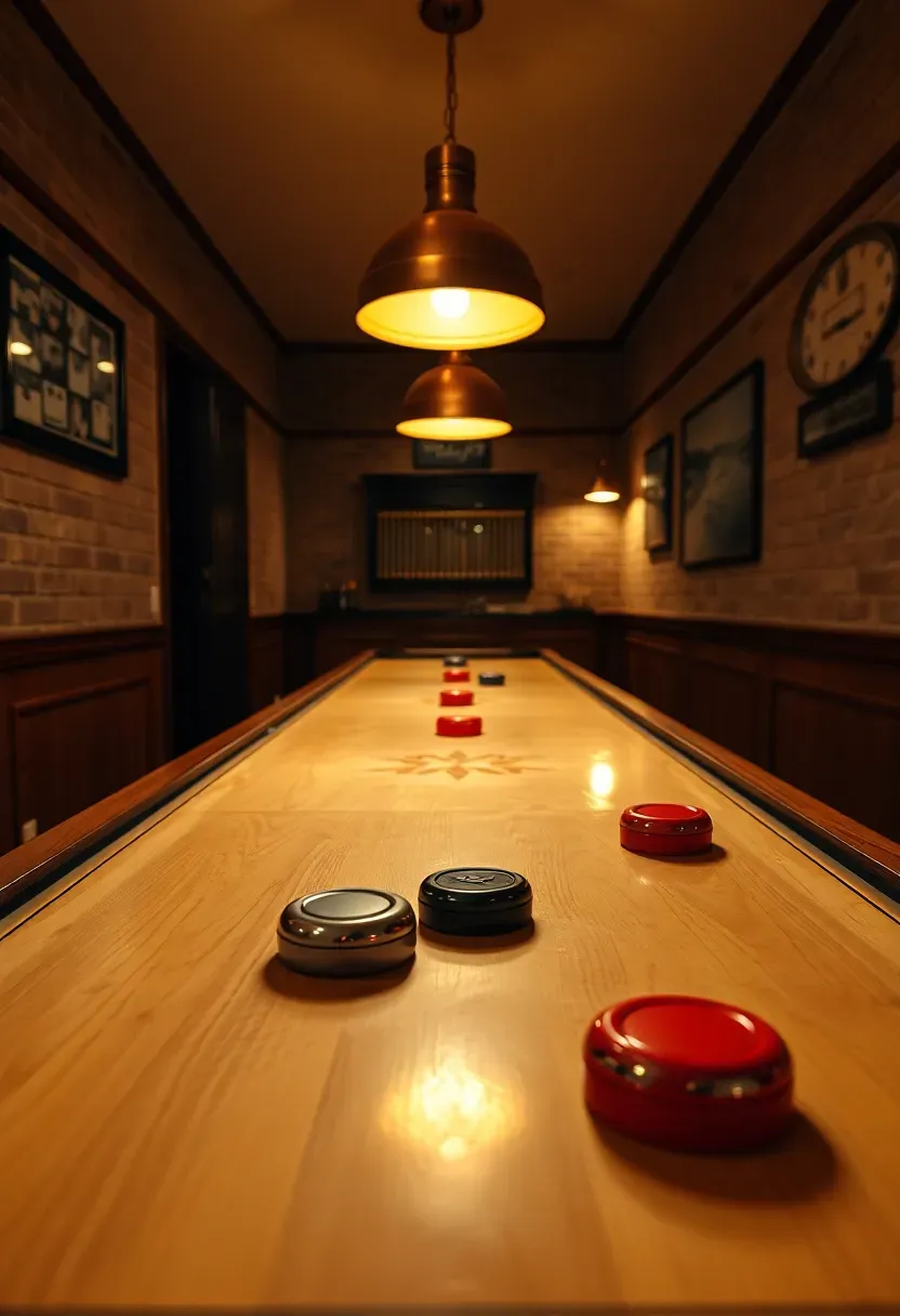 long shuffleboard table in a narrow basement space with overhead lighting and scoring area