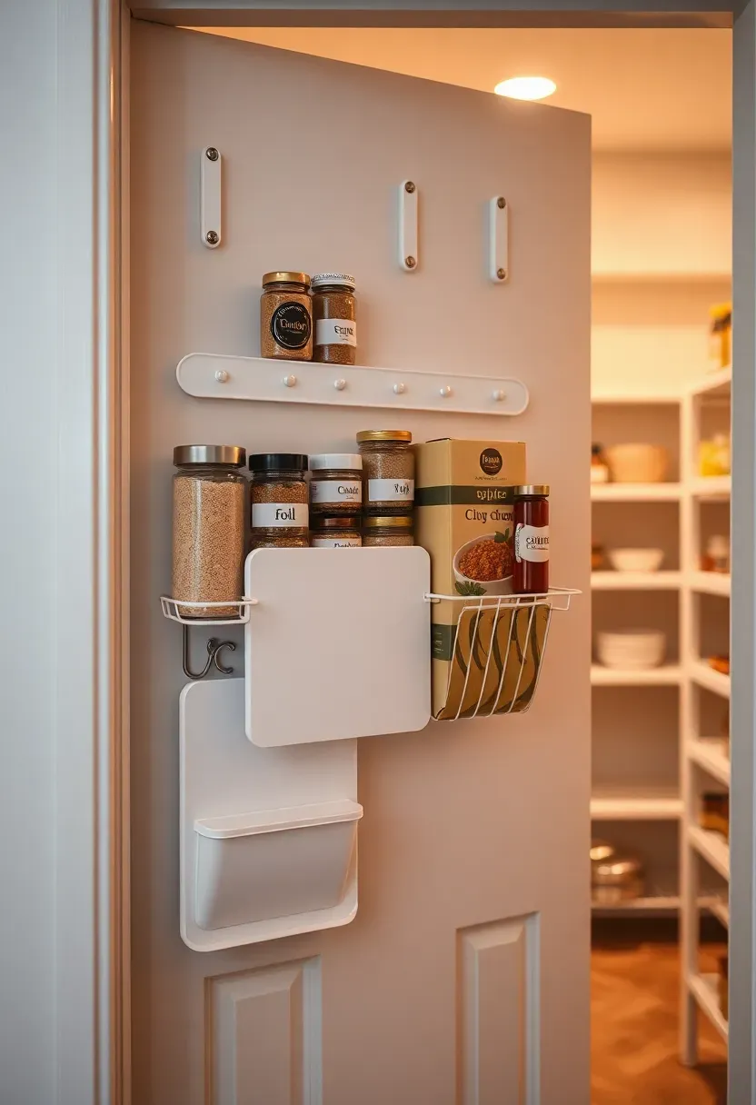 Inside of a pantry door fitted with a white powder-coated steel organizer holding spice jars, foil boxes, a small whiteboard, and a roll of cling wrap, pantry shelves visible in the background