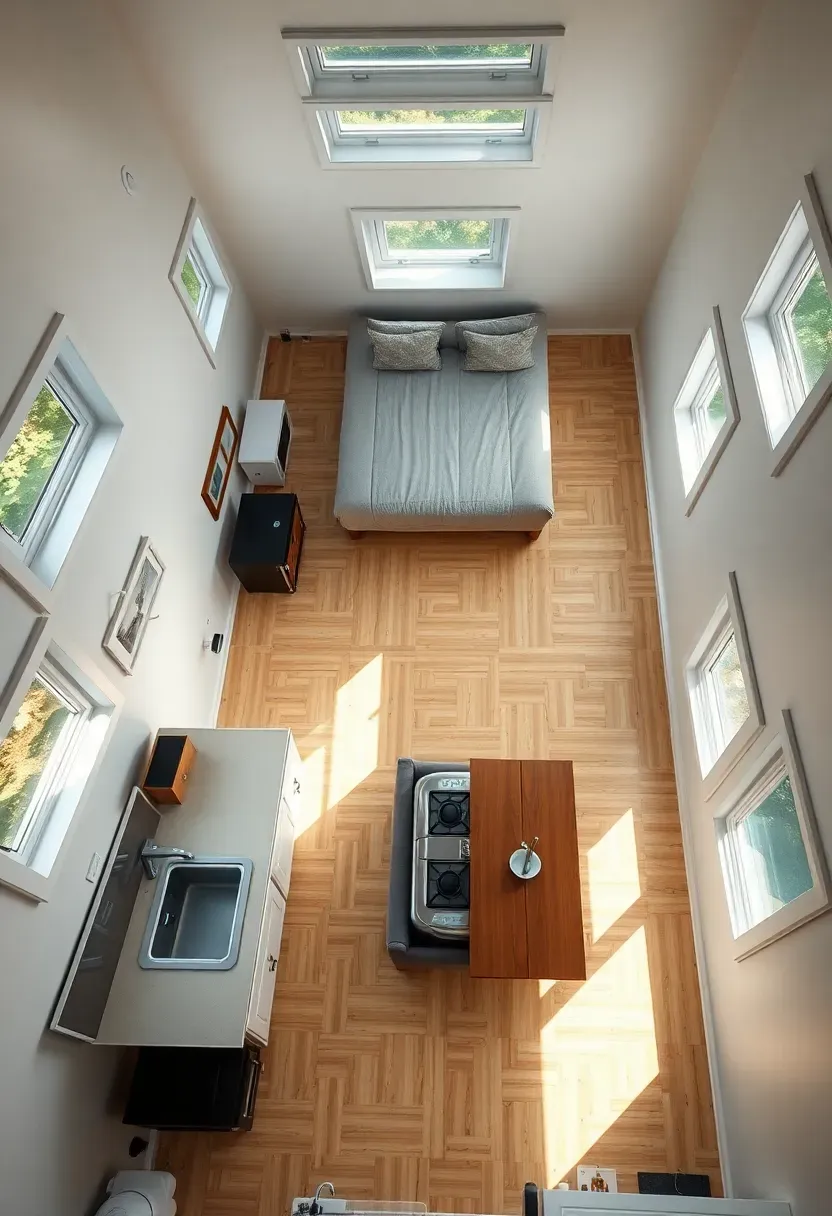 Hyper-realistic overhead view of a tiny house floor plan showing efficient layout: compact kitchen along one wall with mini-fridge, two-burner stove, small sink; bathroom with shower stall, composting toilet, small vanity; living area with sofa bed and fold-down dining table; sleeping loft visible above bathroom/kitchen. Materials: light wood flooring throughout, white walls, black appliances. Natural light coming from multiple windows. Architectural floor plan photography style showing spatial relationships. Clean organized aesthetic. No text, no logos, no watermarks.</p>