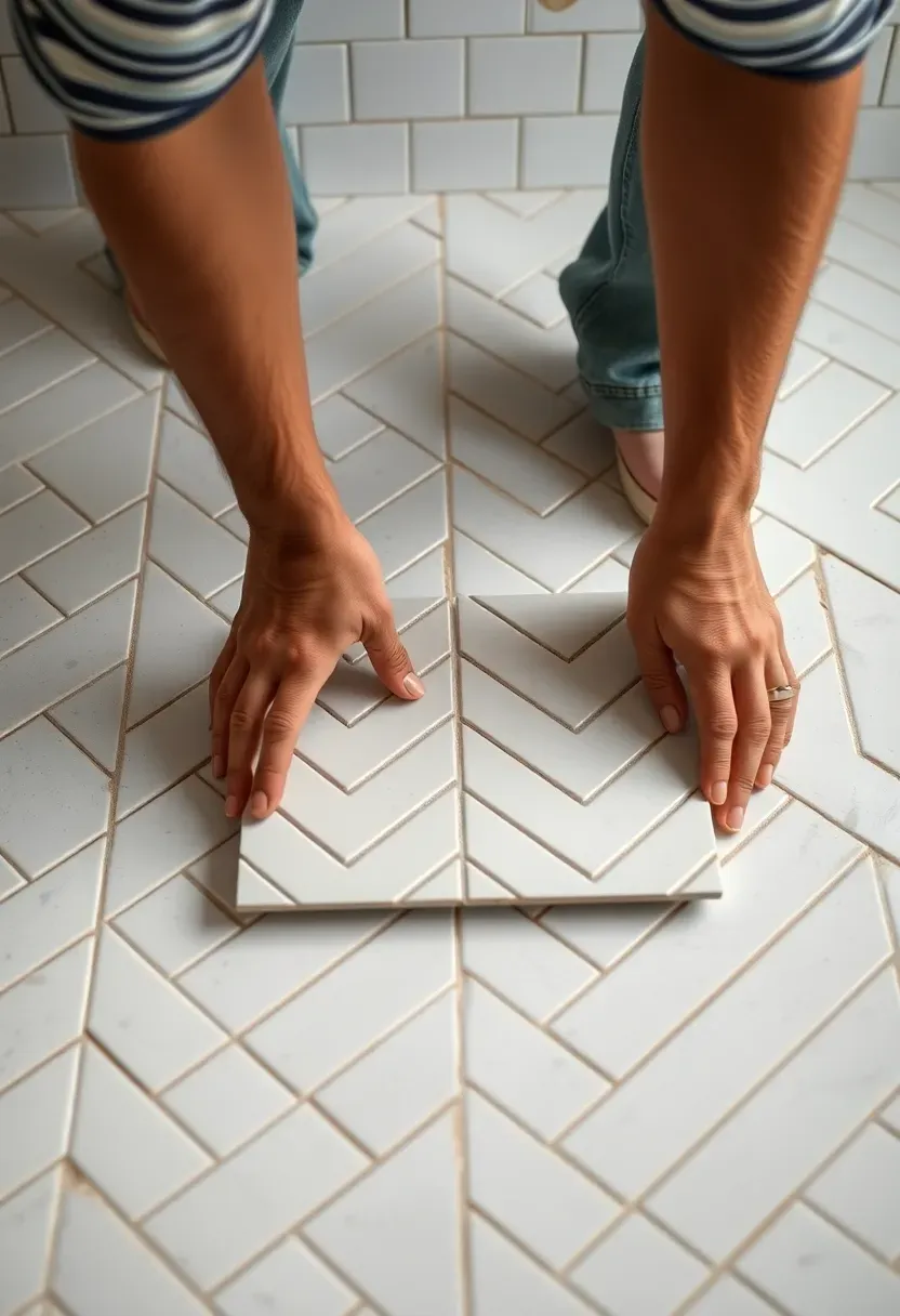 Hands pressing peel-and-stick subway tiles onto a rental bathroom wall — a no-damage, renter-friendly surface refresh that transforms dated walls in an afternoon