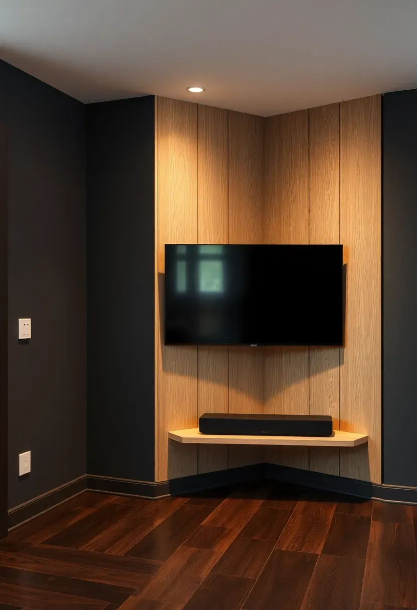 Corner TV wall setup in a basement with angled wood paneling bridging two walls and a mounted screen at the center of the angle