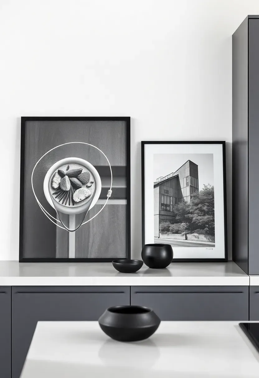 Black and white photography prints leaned above kitchen cabinets in metal frames