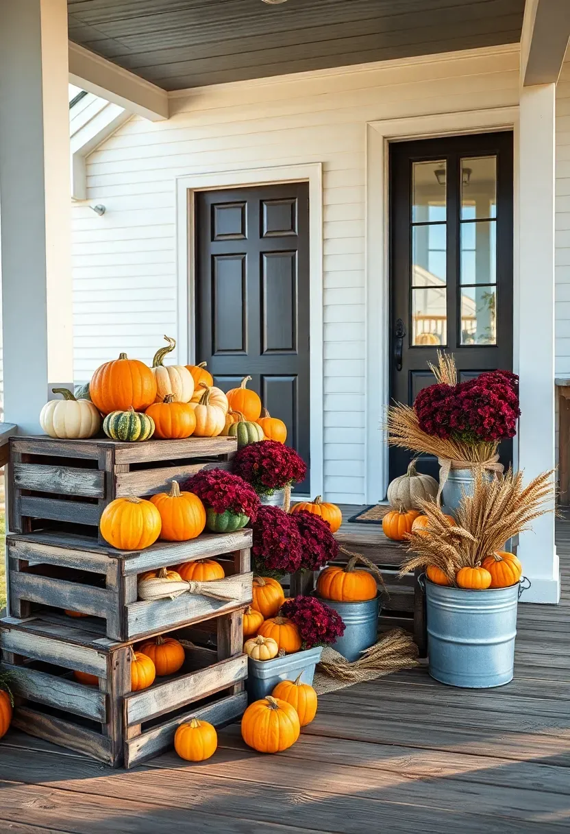 Hyper-realistic wide shot of a farmhouse front porch with abundant fall decor. Weathered wooden crates stacked in a pyramid display various pumpkins and gourds in orange, cream, and green. Galvanized metal buckets contain burgundy mums with dried cornstalks tucked behind. Burlap ribbon secures bundles of wheat and millet. Porch has white clapboard siding and a dark wood front door with vintage hardware. Worn wooden floorboards. Soft golden afternoon light with long shadows. Visible white farmhouse beyond. No text, no logos, no watermarks.</p>