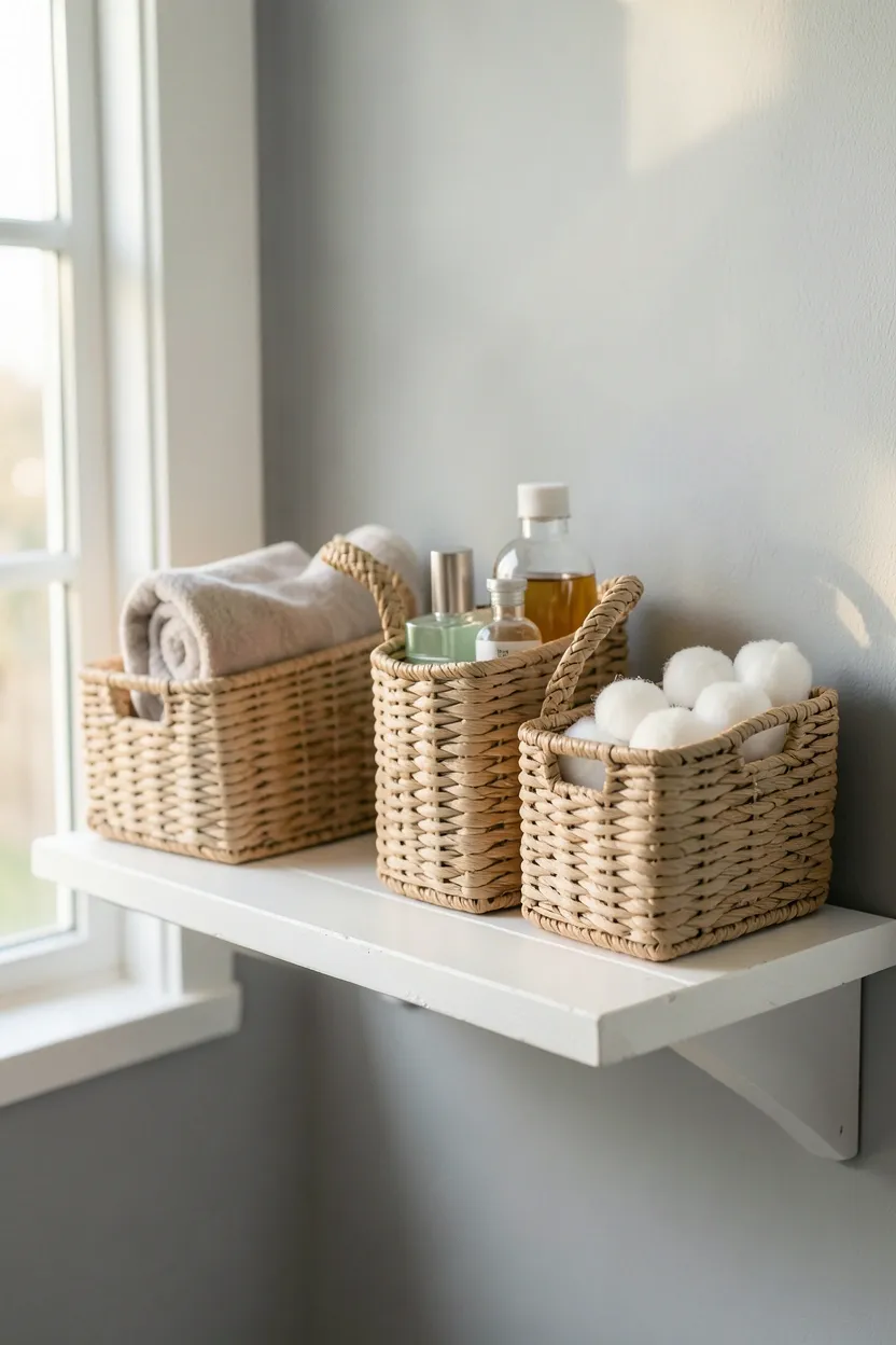 Two blue glass pendant lights flanking a bathroom vanity mirror providing warm task lighting in a modern apartment bathroom