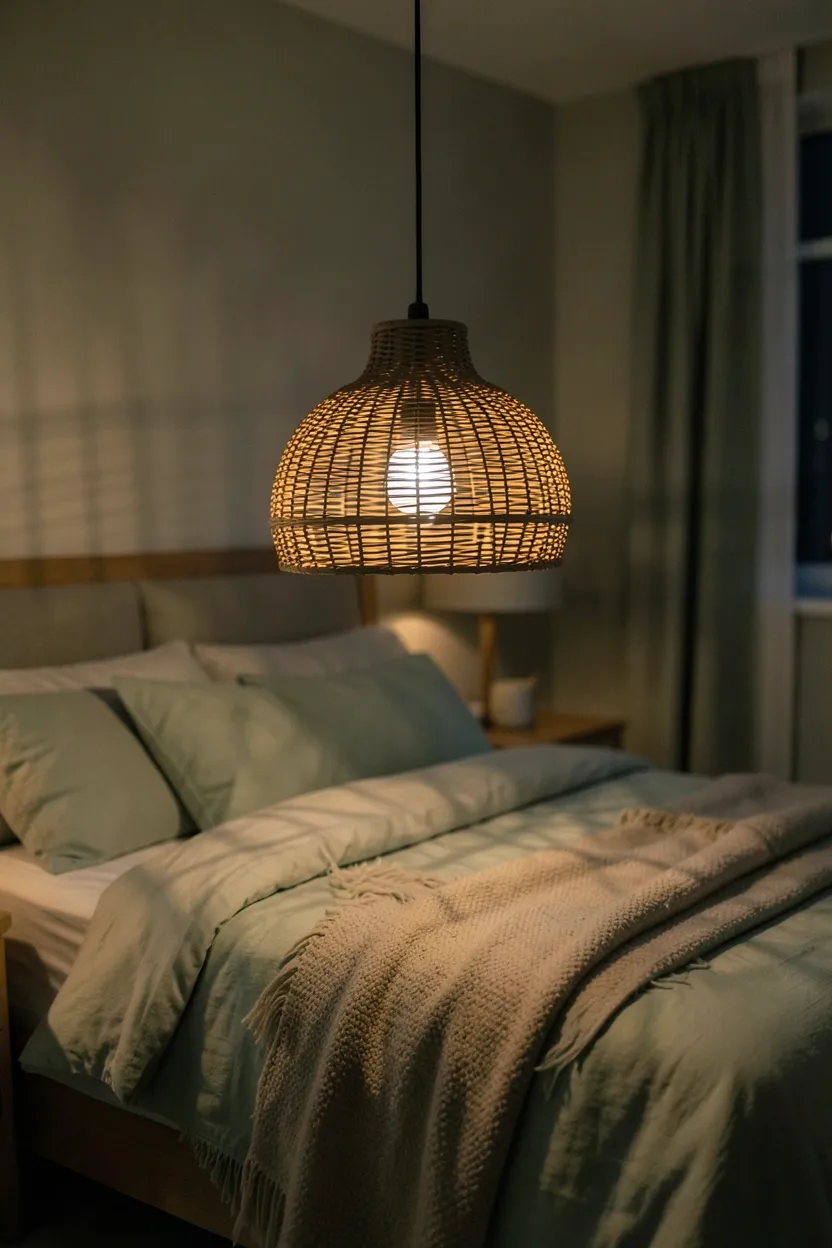 Natural woven rattan pendant light hanging over a sage green bedroom with warm bulb glow at night