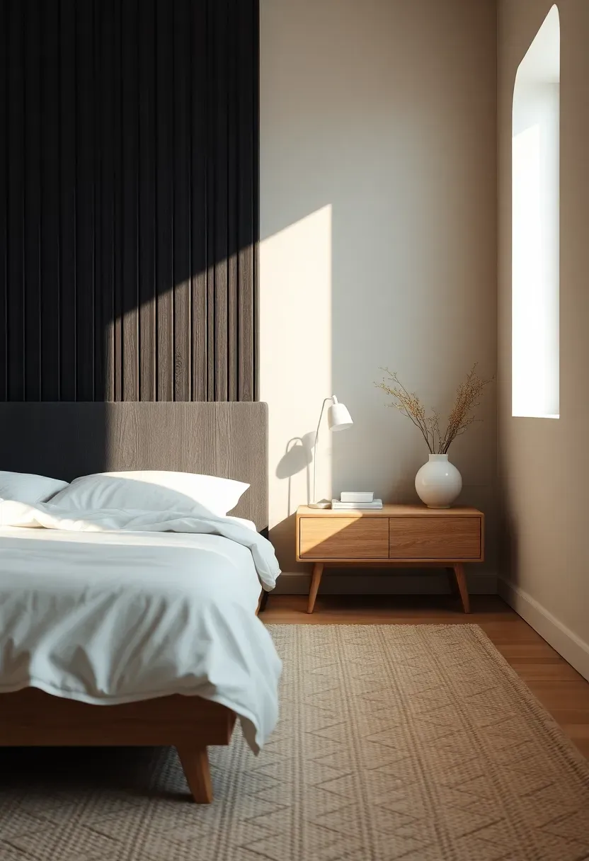 Black slatted headboard wall to sharpen the silhouette