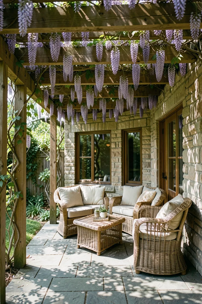 Hyper-realistic slightly elevated wide photograph of back porch with natural cedar pergola overhead with climbing wisteria vines, wicker seating arrangement with cushions below, stone paver floor, afternoon sunlight filtering through pergola creating dappled light pattern. Natural afternoon light. Materials: cedar wood, wisteria, wicker, stone. Architectural dappled mood. Sharp details on wood grain and vine leaves. No text, no logos, no watermarks.