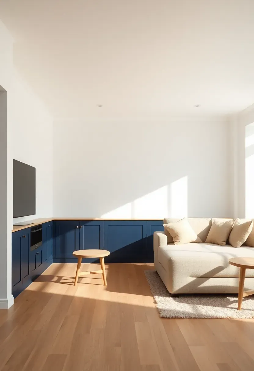 Hyper-realistic wide shot of minimalist living room with navy blue lower built-in cabinets white upper walls white ceiling light oak flooring beige sofa light oak coffee table. Materials: matte navy blue cabinet paint crisp white upper walls light oak plank flooring beige linen sofa cream wool rug. Soft natural daylight subtle shadows showing cabinet depth and color transition balanced bright atmosphere. Sharp contrast between navy lower and white upper surfaces clean composition no clutter no text no watermarks.</p>