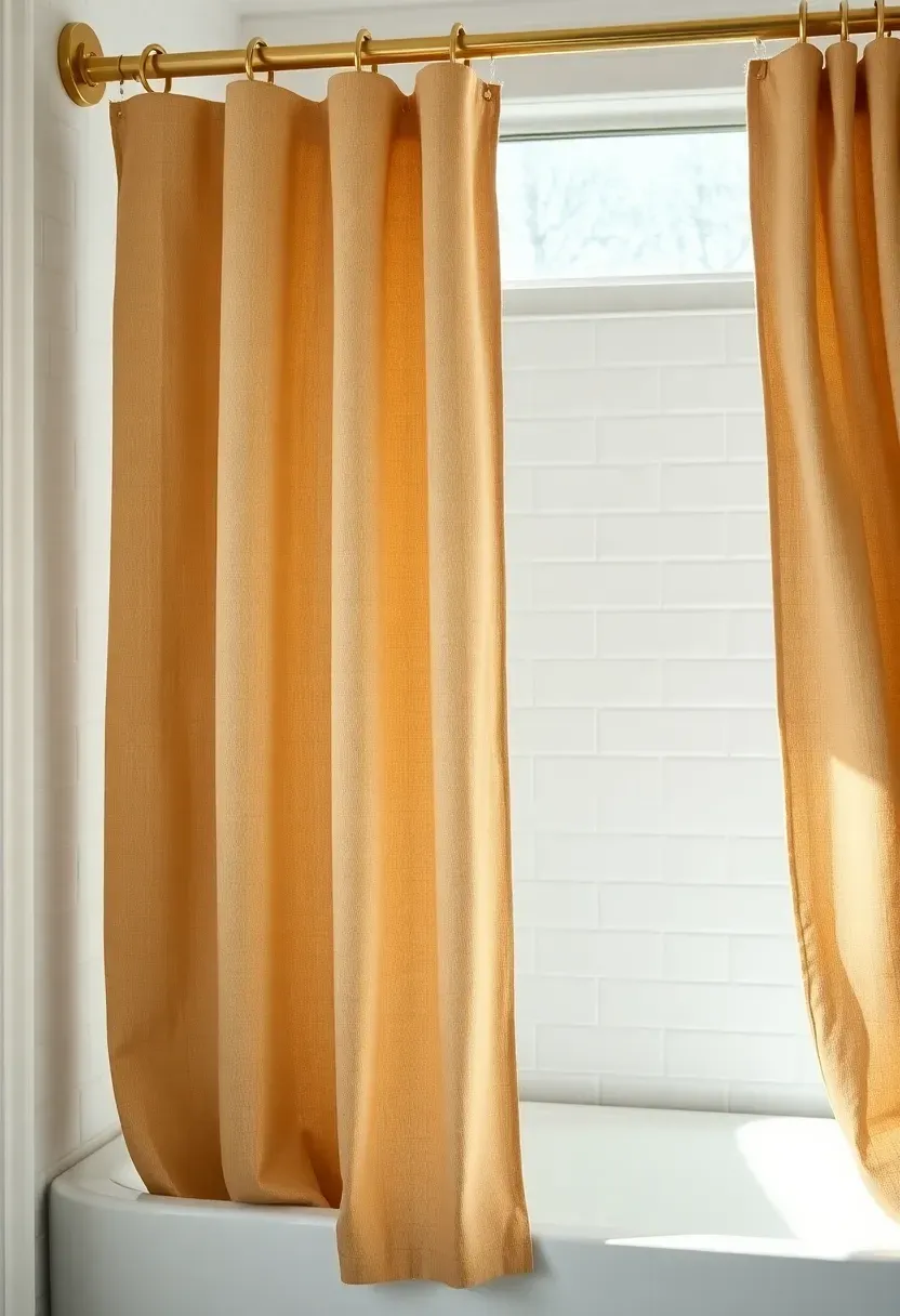 Bright bathroom with natural linen shower curtain in oatmeal color, brass curtain rings, and white subway tile surround