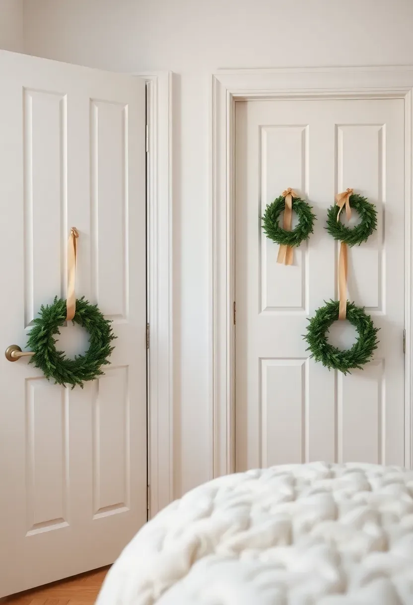 Hyper-realistic 3/4 view of bedroom interior showing two doors with matching mini wreaths. White door with small 10-inch fresh boxwood wreath on ribbon hanger. Beyond, closet door with identical wreath. Cream bedding, light wood floor, white walls. Materials: fresh boxwood wreaths, satin ribbon, painted doors. Natural light from window, matching wreaths creating cohesive Christmas style. Minimal door decoration. Shallow depth of field, sharp details on wreath and room. No text, no logos, no watermarks.</p>