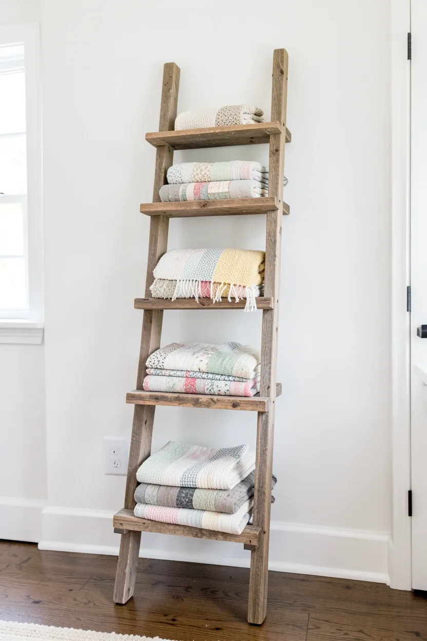 Rustic wooden blanket ladder with draped quilts and throws leaning against a shiplap wall in a vintage farmhouse bedroom